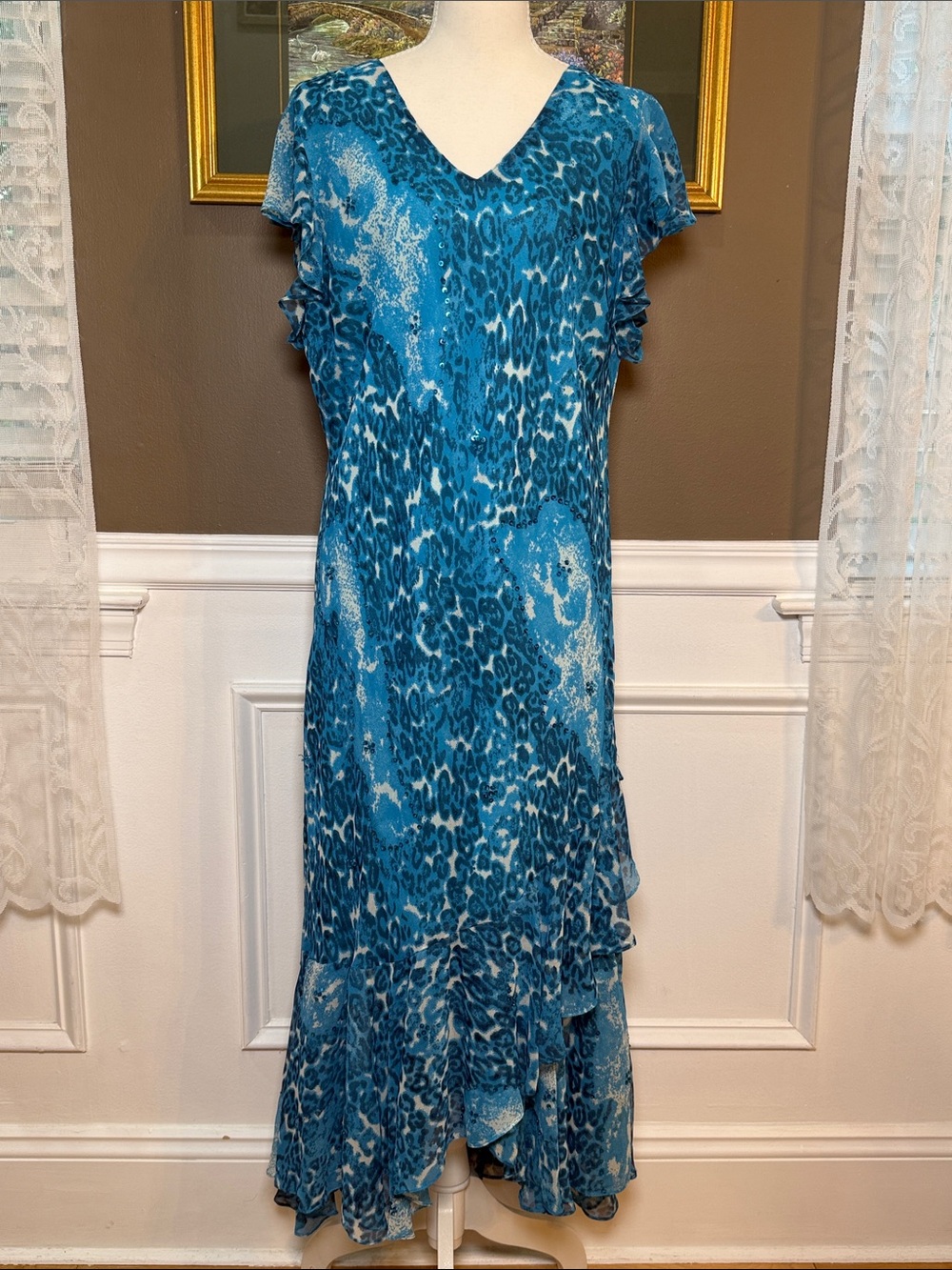 Jessica Taylor 3X Blue Animal Print Beaded Ruffle Maxi Dress Y2K Fairycore